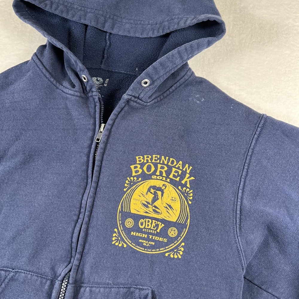Obey Hoodie Mens Small Blue Full Zip Brendan Borek‎ High Tides Avalon NJ Graphic